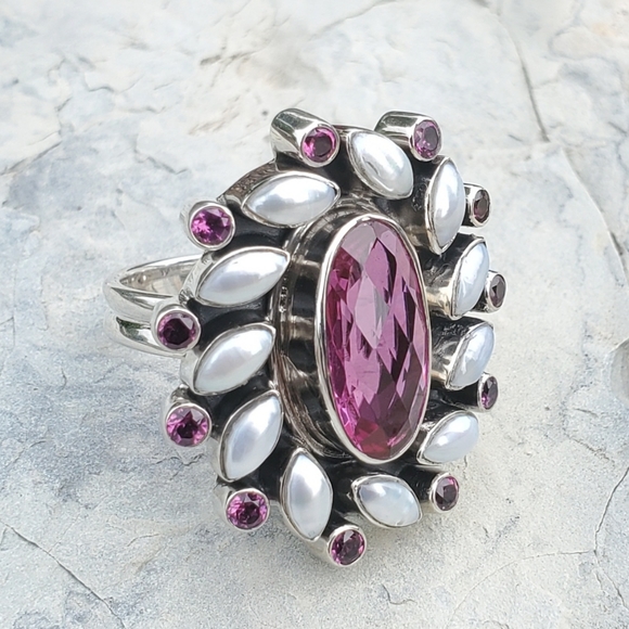New NB Nicky Butler 925 Sterling Silver Pink Quartz Garnet Pearl Size 6 Ring - Picture 12 of 12